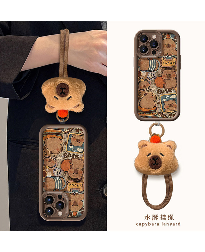 Cute Capybara lanyard phone case, soft silicone lambskin
