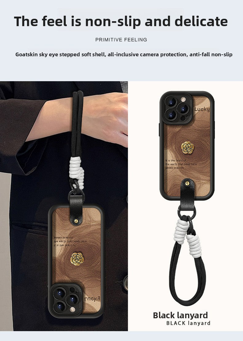 Camellia doll lanyard Maillard matte silicone lambskin phone case