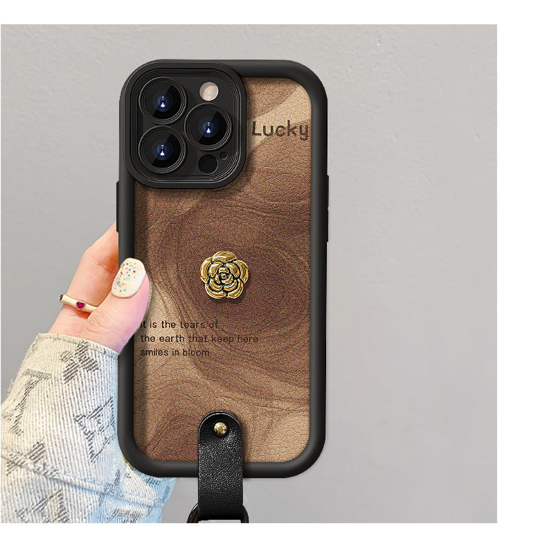 Camellia doll lanyard Maillard matte silicone lambskin phone case