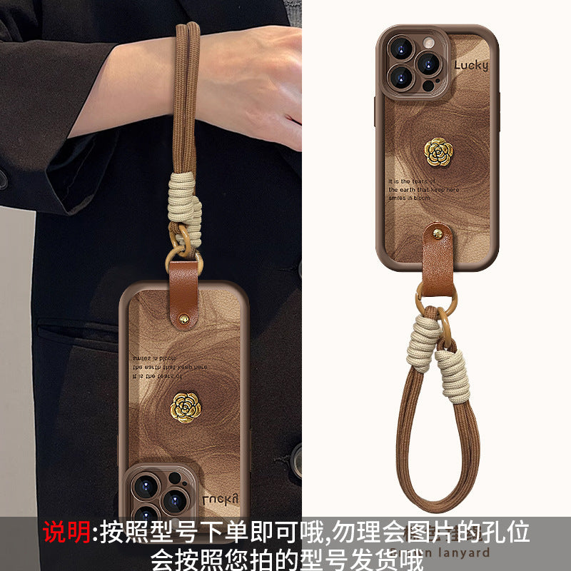 Camellia doll lanyard Maillard matte silicone lambskin phone case