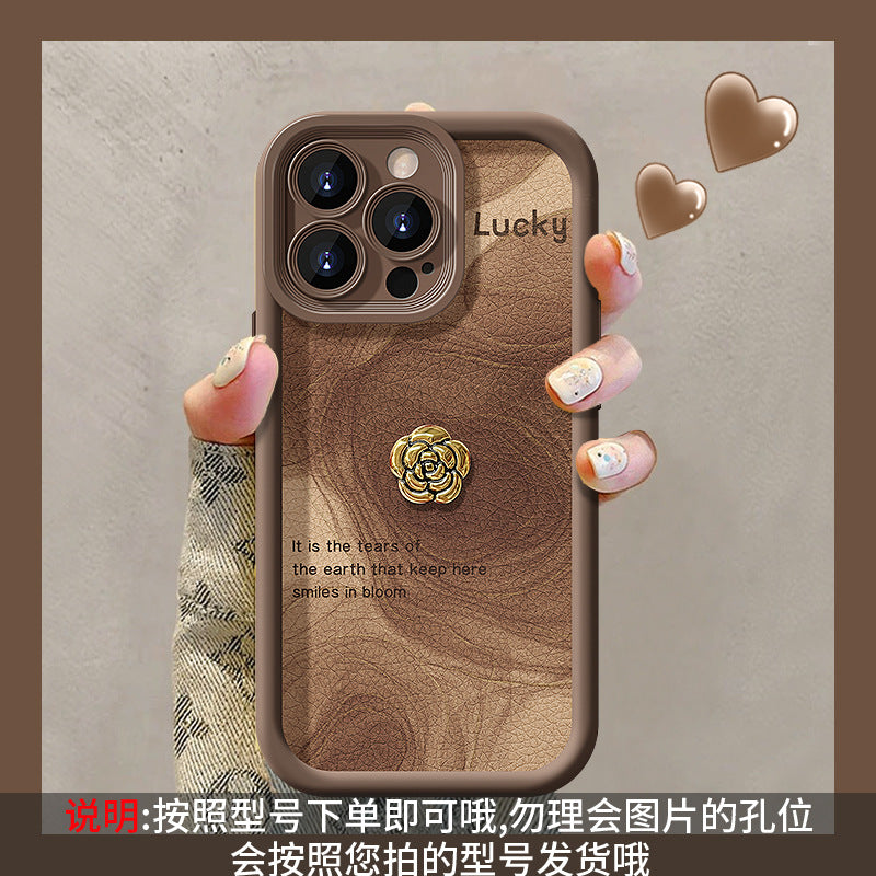 Camellia doll lanyard Maillard matte silicone lambskin phone case