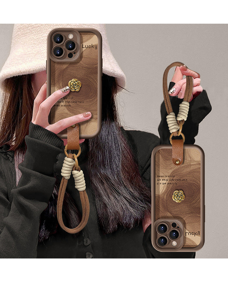 Camellia doll lanyard Maillard matte silicone lambskin phone case