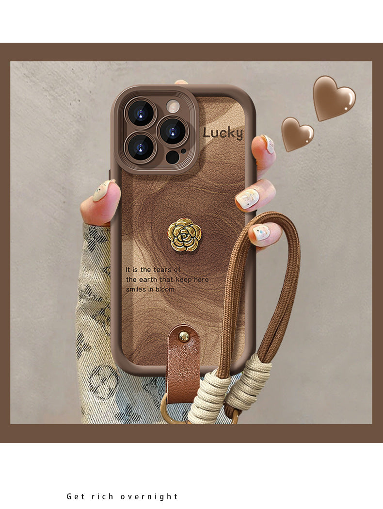 Camellia doll lanyard Maillard matte silicone lambskin phone case
