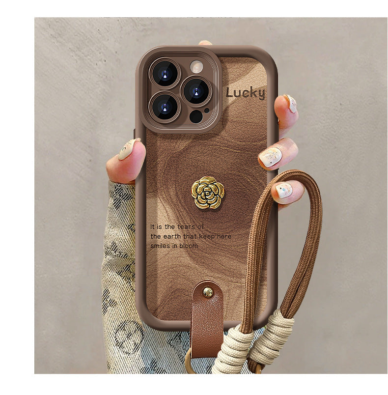 Camellia doll lanyard Maillard matte silicone lambskin phone case