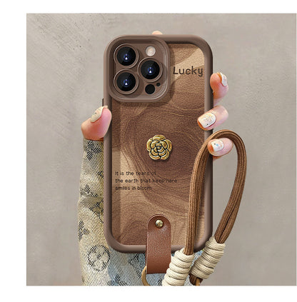 Camellia doll lanyard Maillard matte silicone lambskin phone case