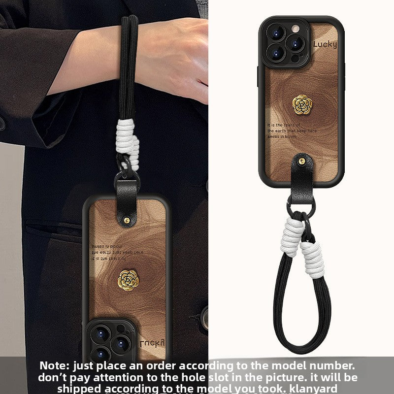 Camellia doll lanyard Maillard matte silicone lambskin phone case