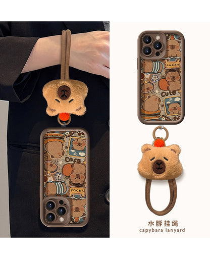 Cute Capybara lanyard phone case, soft silicone lambskin