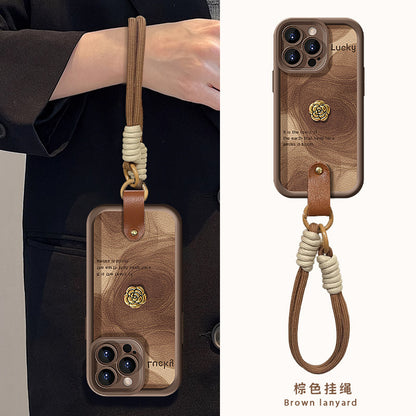 Camellia doll lanyard Maillard matte silicone lambskin phone case