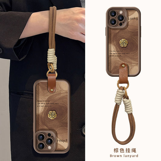 Camellia doll lanyard Maillard matte silicone lambskin phone case