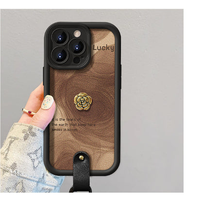 Camellia doll lanyard Maillard matte silicone lambskin phone case