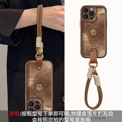 Camellia doll lanyard Maillard matte silicone lambskin phone case
