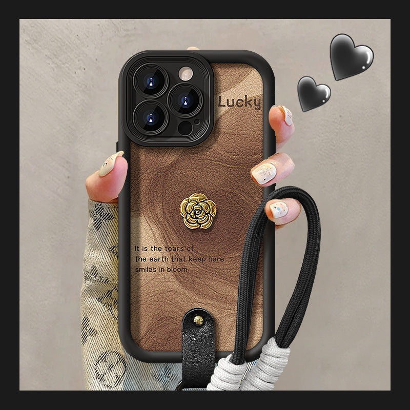 Camellia doll lanyard Maillard matte silicone lambskin phone case