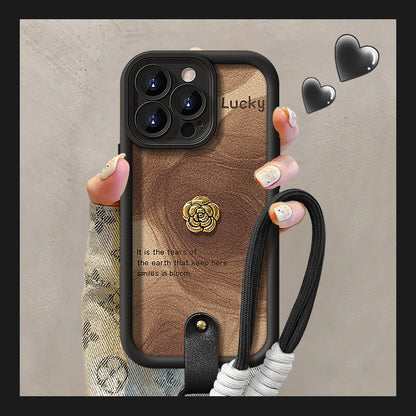 Camellia doll lanyard Maillard matte silicone lambskin phone case