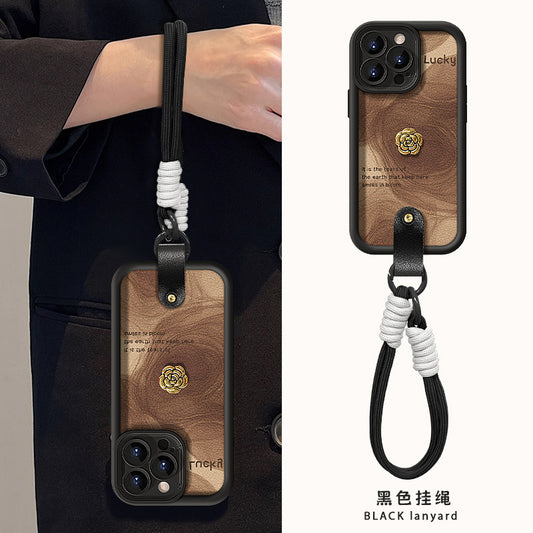 Camellia doll lanyard Maillard matte silicone lambskin phone case