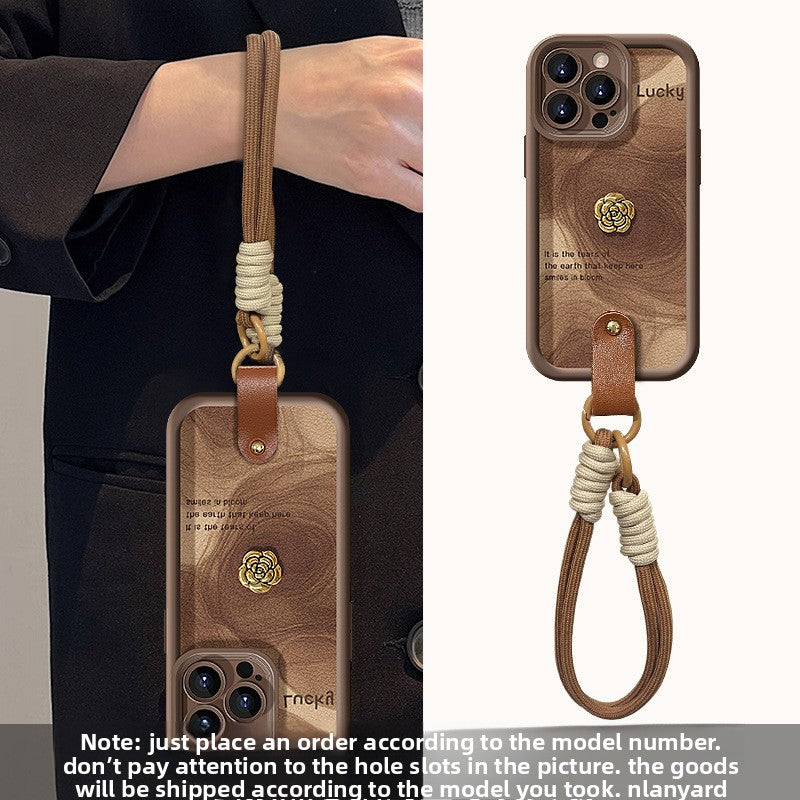Camellia doll lanyard Maillard matte silicone lambskin phone case