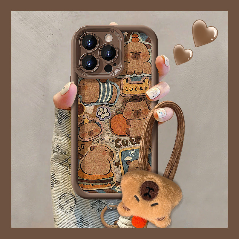 Cute Capybara lanyard phone case, soft silicone lambskin
