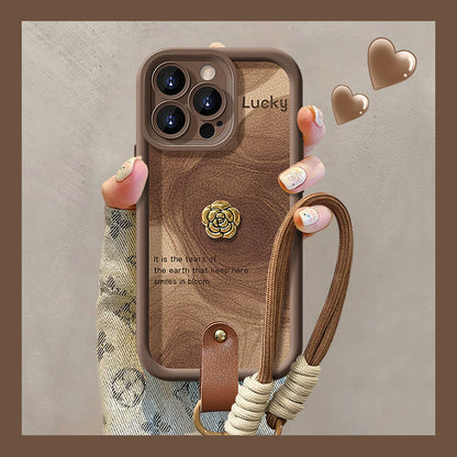 Camellia doll lanyard Maillard matte silicone lambskin phone case