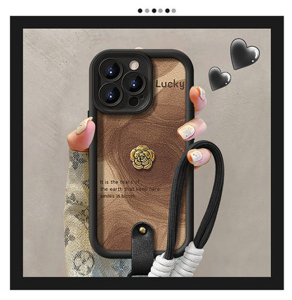 Camellia doll lanyard Maillard matte silicone lambskin phone case